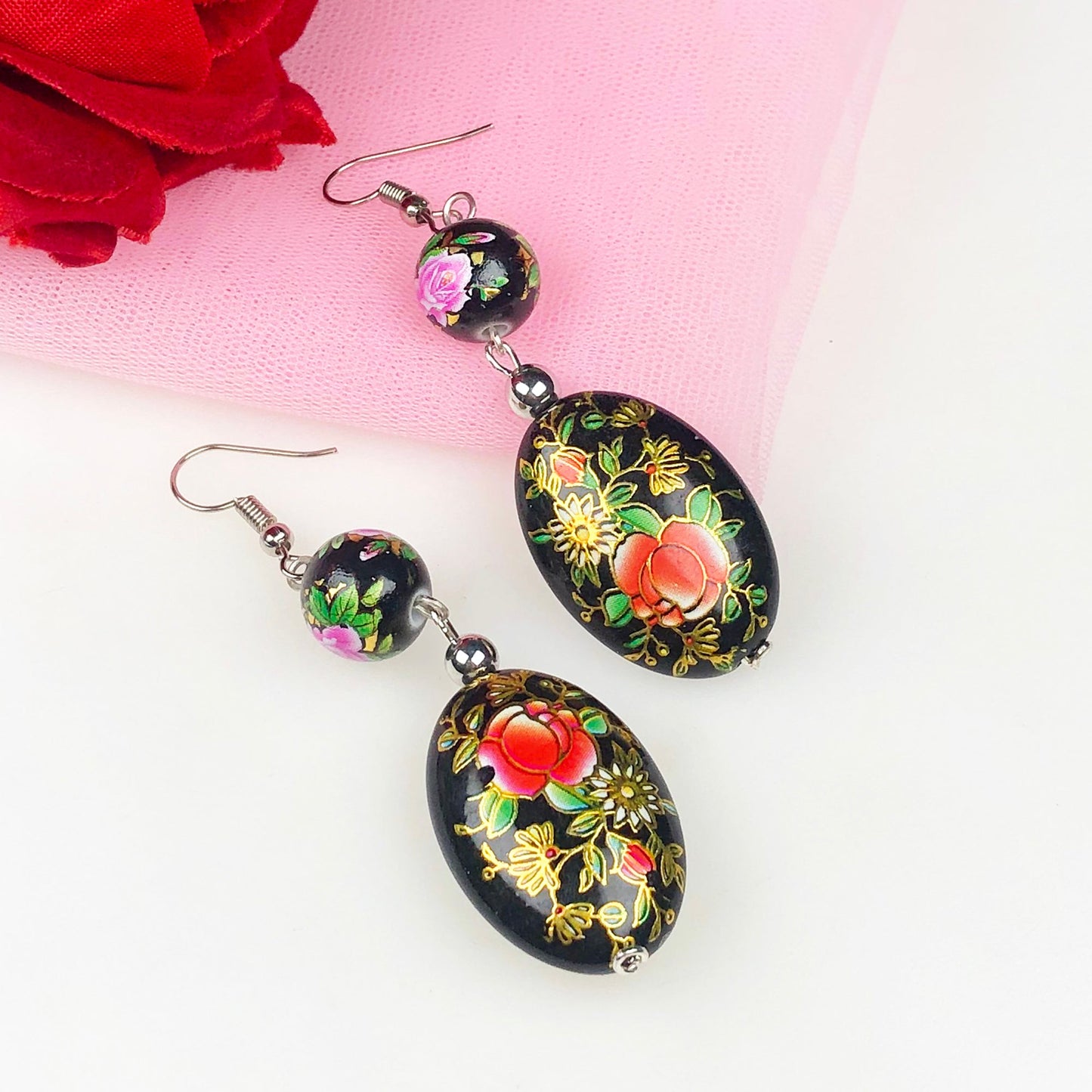 Beautiful Black and Gold Decorative Tensha Beads Dangle Earrings for Women and Girls