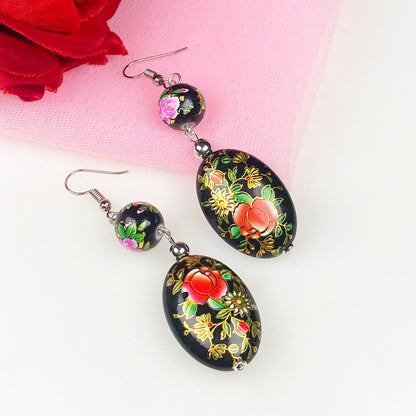Beautiful Black and Gold Decorative Tensha Beads Dangle Earrings for Women and Girls
