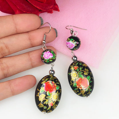 Beautiful Black and Gold Decorative Tensha Beads Dangle Earrings for Women and Girls