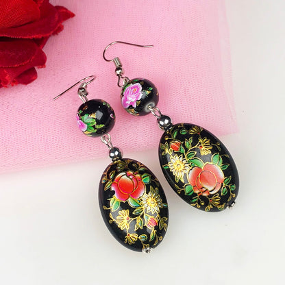 Beautiful Black and Gold Decorative Tensha Beads Dangle Earrings for Women and Girls