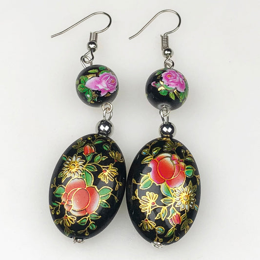 Beautiful Black and Gold Decorative Tensha Beads Dangle Earrings for Women and Girls