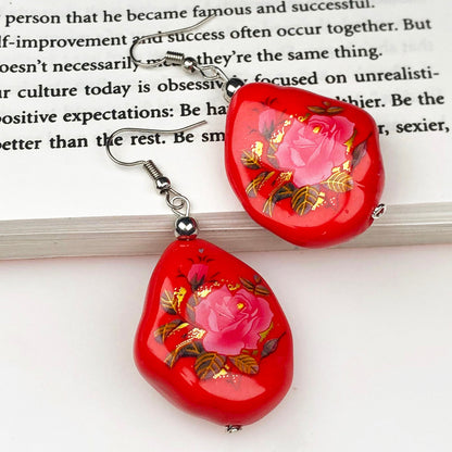 Traditional Red and Pink Decorative Tensha Beads Dangle Earrings for Women and Girls