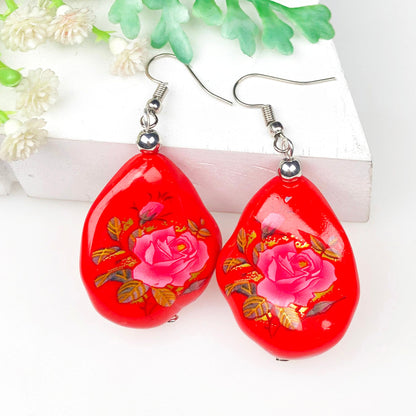 Traditional Red and Pink Decorative Tensha Beads Dangle Earrings for Women and Girls