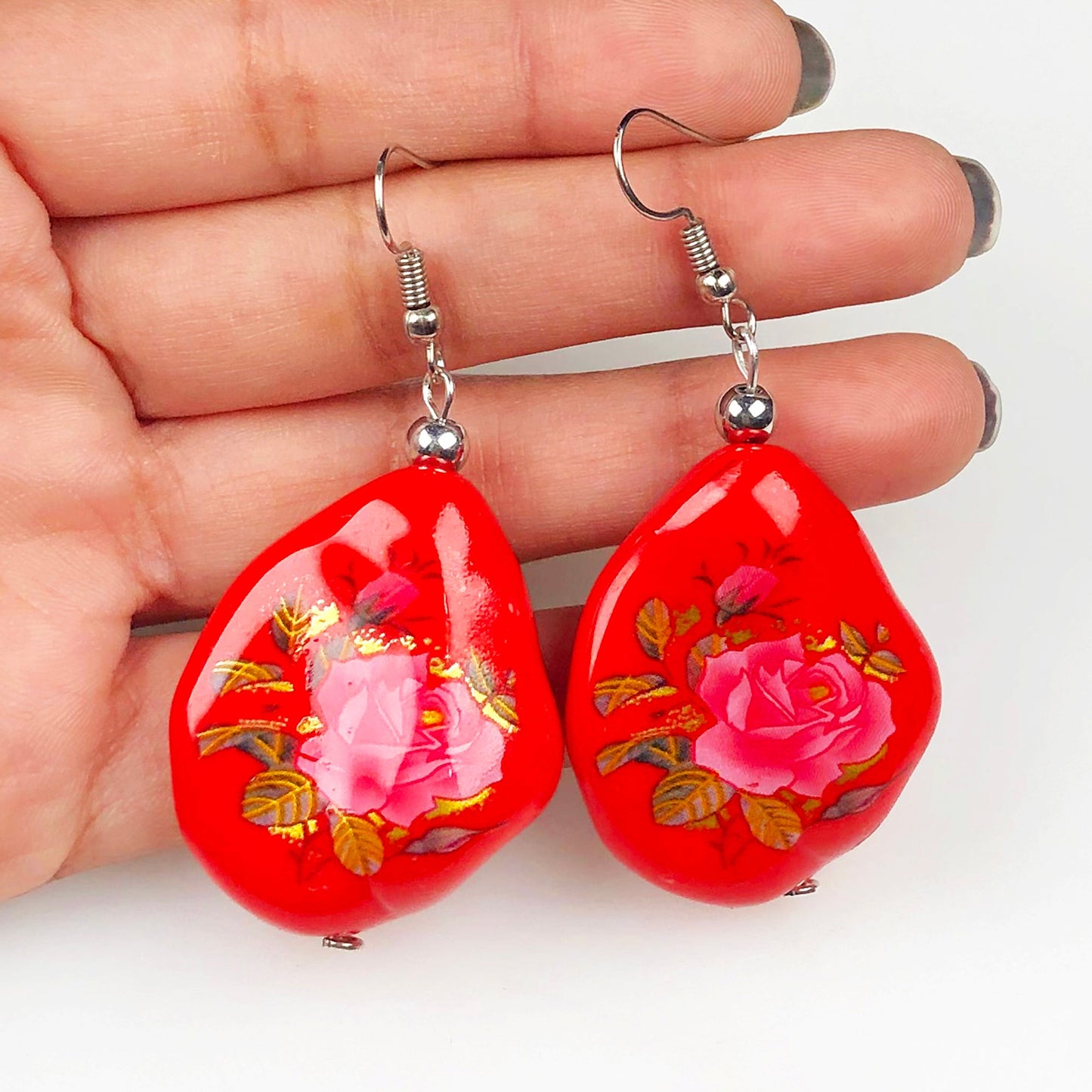 Traditional Red and Pink Decorative Tensha Beads Dangle Earrings for Women and Girls