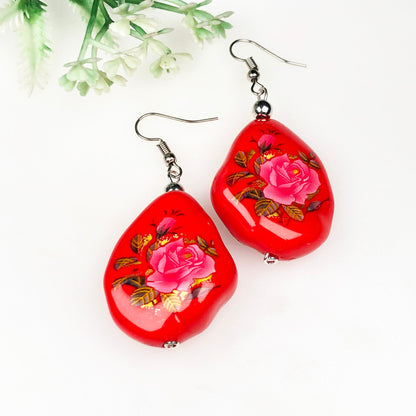 Traditional Red and Pink Decorative Tensha Beads Dangle Earrings for Women and Girls