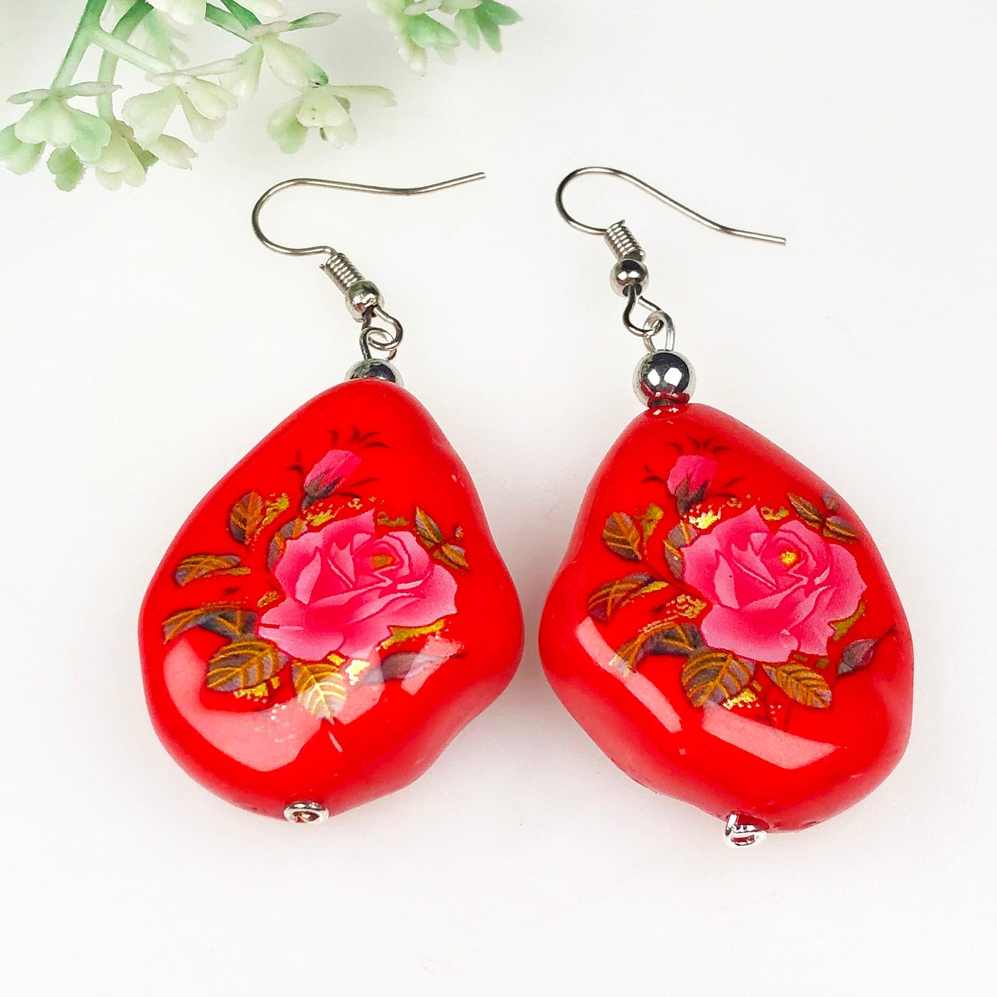 Traditional Red and Pink Decorative Tensha Beads Dangle Earrings for Women and Girls