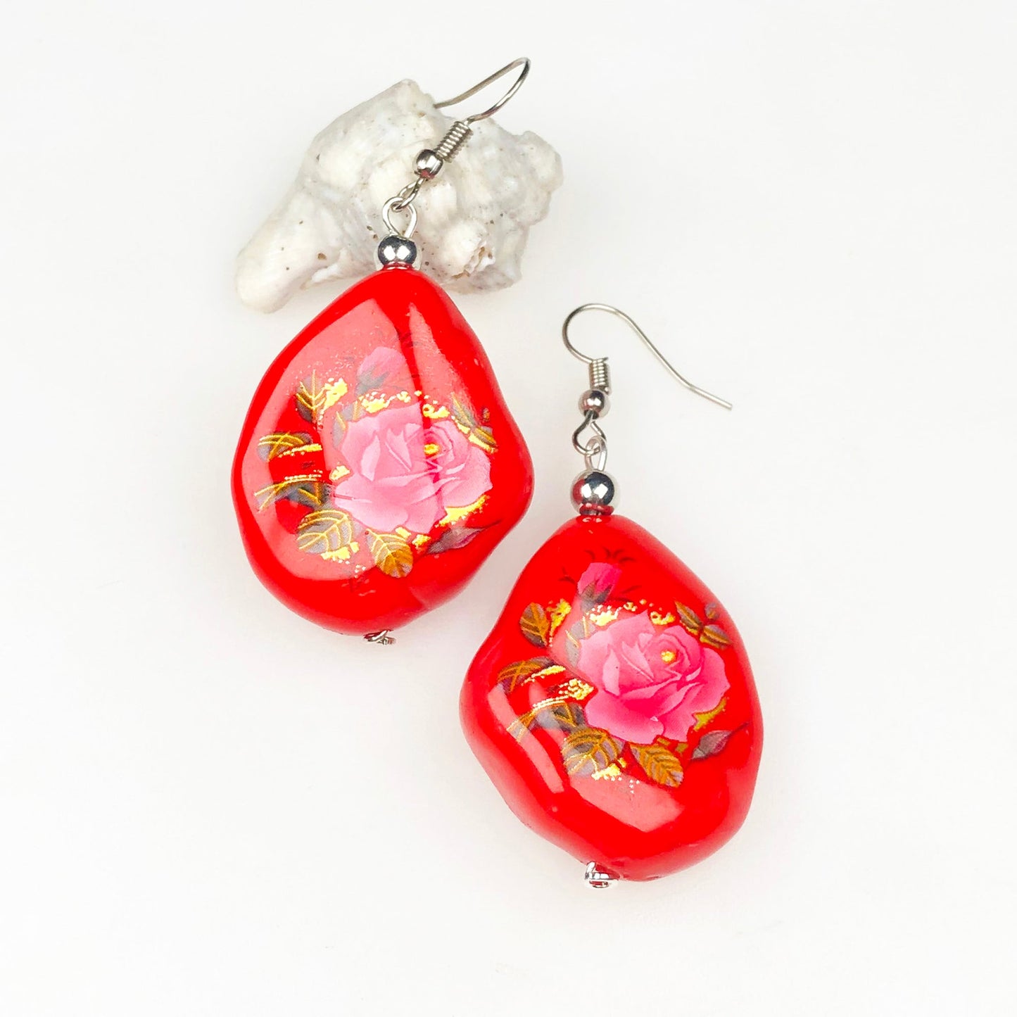 Traditional Red and Pink Decorative Tensha Beads Dangle Earrings for Women and Girls