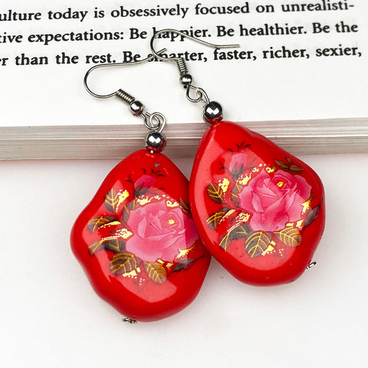 Traditional Red and Pink Decorative Tensha Beads Dangle Earrings for Women and Girls