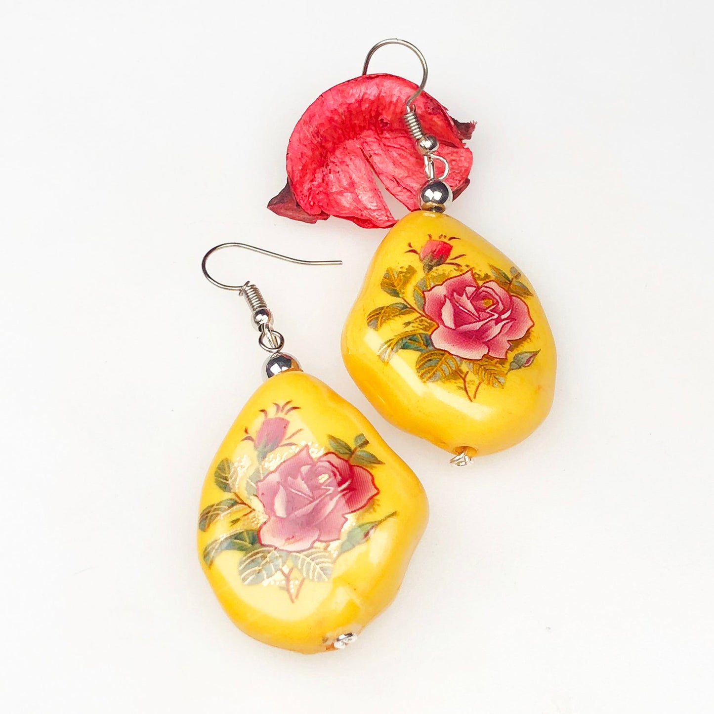 Elegant Yellow and Gold Decorative Tensha Beads Earrings for Women and Girls