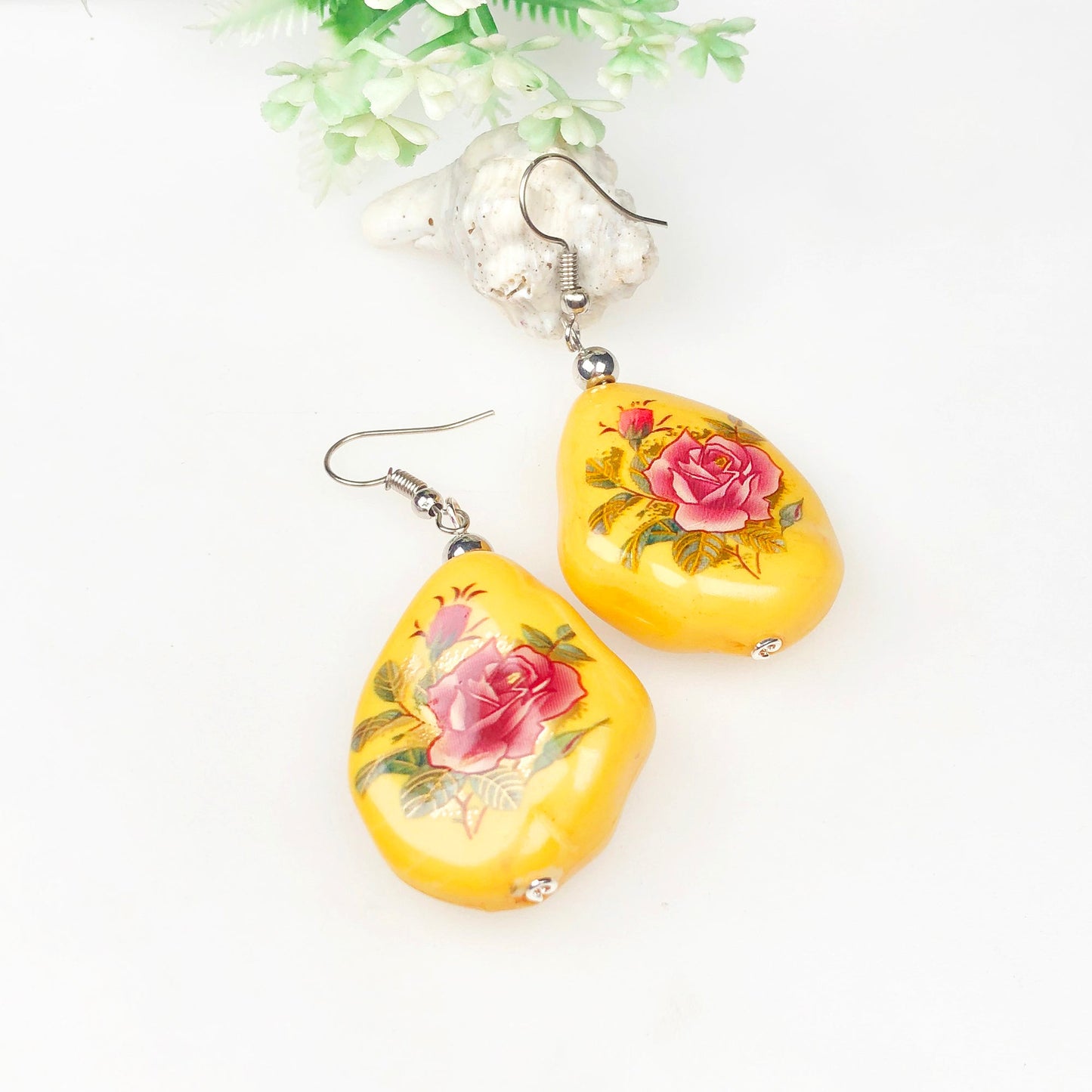 Elegant Yellow and Gold Decorative Tensha Beads Earrings for Women and Girls