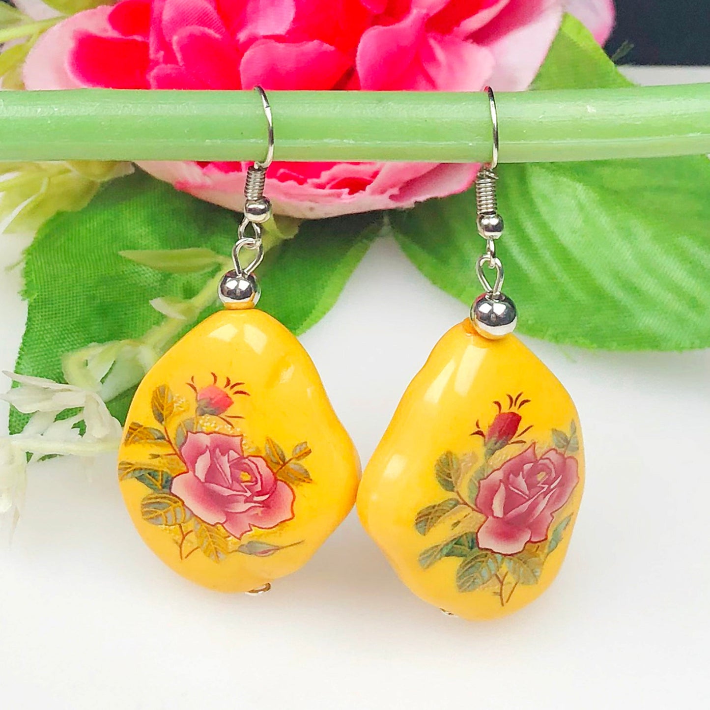 Elegant Yellow and Gold Decorative Tensha Beads Earrings for Women and Girls