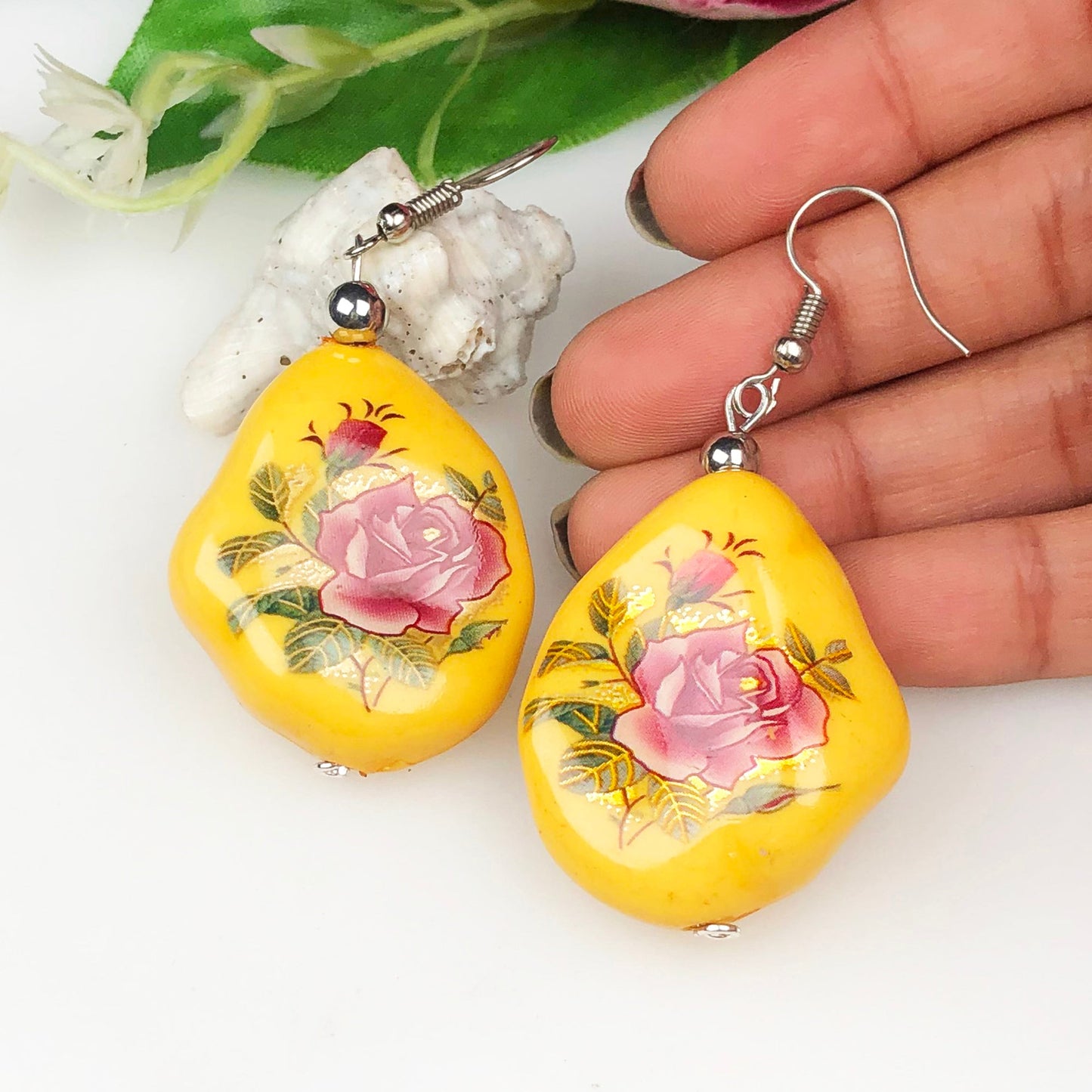 Elegant Yellow and Gold Decorative Tensha Beads Earrings for Women and Girls