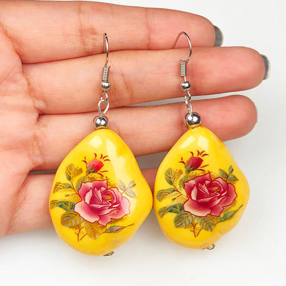 Elegant Yellow and Gold Decorative Tensha Beads Earrings for Women and Girls