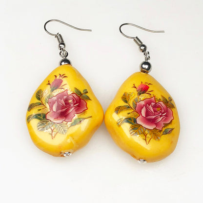 Elegant Yellow and Gold Decorative Tensha Beads Earrings for Women and Girls