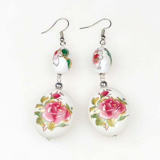 Handcrafted White and Gold Decorative Tensha Beads Earrings for Women and Girls