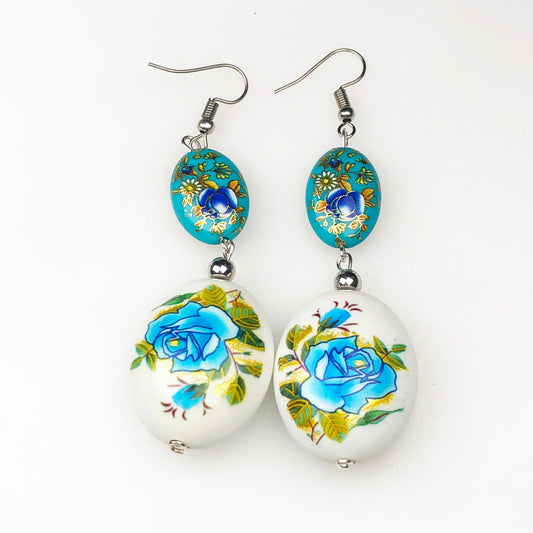 Colorful White and Blue Decorative Tensha Beads Earrings for Women and Girls