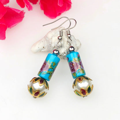 Stylish Blue and Pink Decorative Tensha Beads Dangle Earrings for Women and Girls