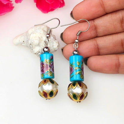 Stylish Blue and Pink Decorative Tensha Beads Dangle Earrings for Women and Girls