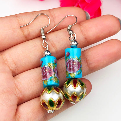 Stylish Blue and Pink Decorative Tensha Beads Dangle Earrings for Women and Girls