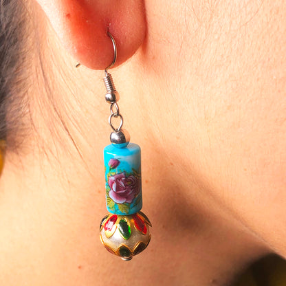 Stylish Blue and Pink Decorative Tensha Beads Dangle Earrings for Women and Girls