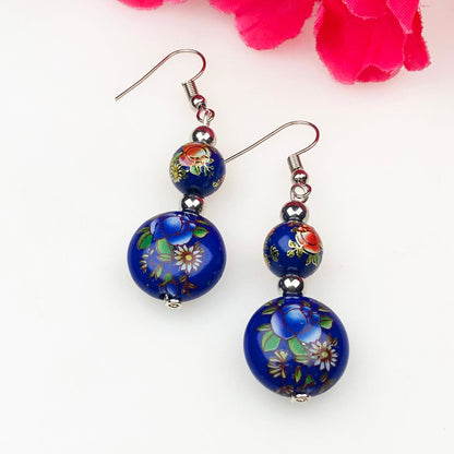 Ornate Blue and Red decorative Tensha Beads Dangle Earrings for Women and Girls