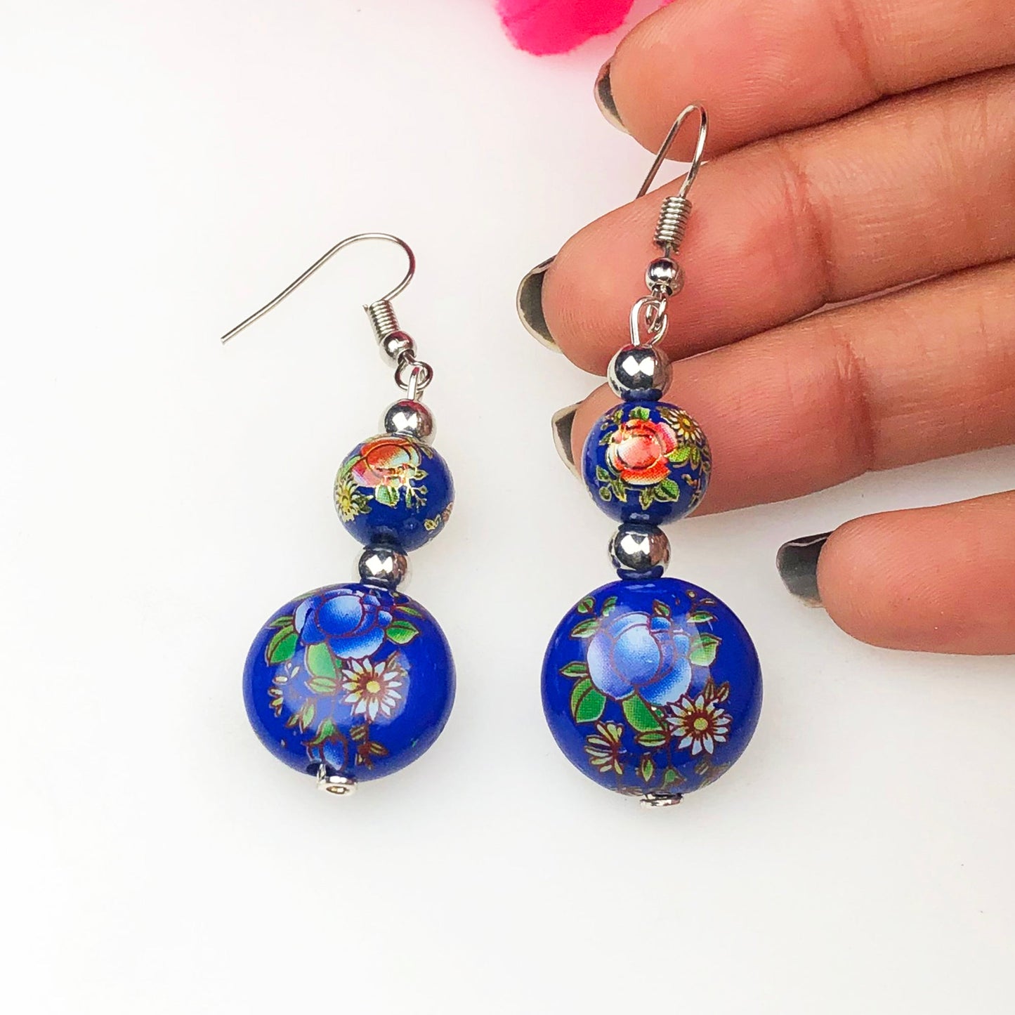 Ornate Blue and Red decorative Tensha Beads Dangle Earrings for Women and Girls