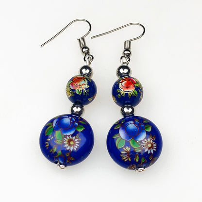 Ornate Blue and Red decorative Tensha Beads Dangle Earrings for Women and Girls