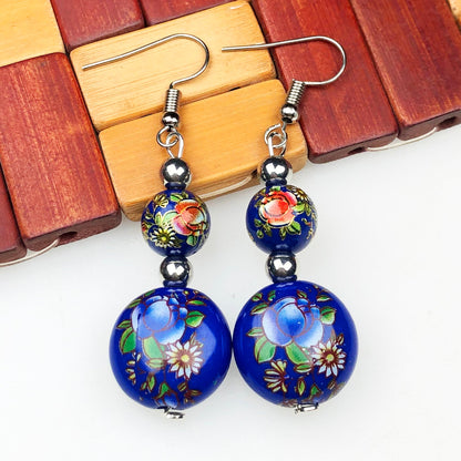 Ornate Blue and Red decorative Tensha Beads Dangle Earrings for Women and Girls