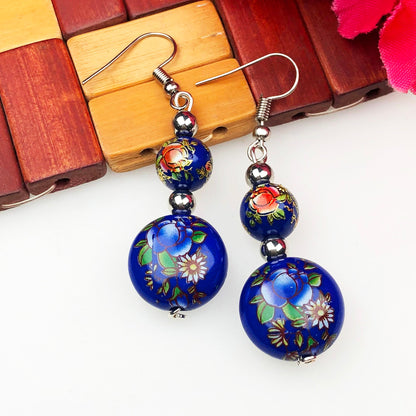 Ornate Blue and Red decorative Tensha Beads Dangle Earrings for Women and Girls