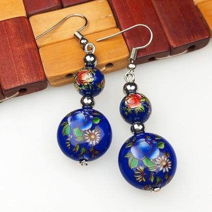 Ornate Blue and Red decorative Tensha Beads Dangle Earrings for Women and Girls