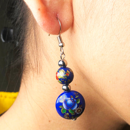 Ornate Blue and Red decorative Tensha Beads Dangle Earrings for Women and Girls