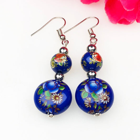 Ornate Blue and Red decorative Tensha Beads Dangle Earrings for Women and Girls