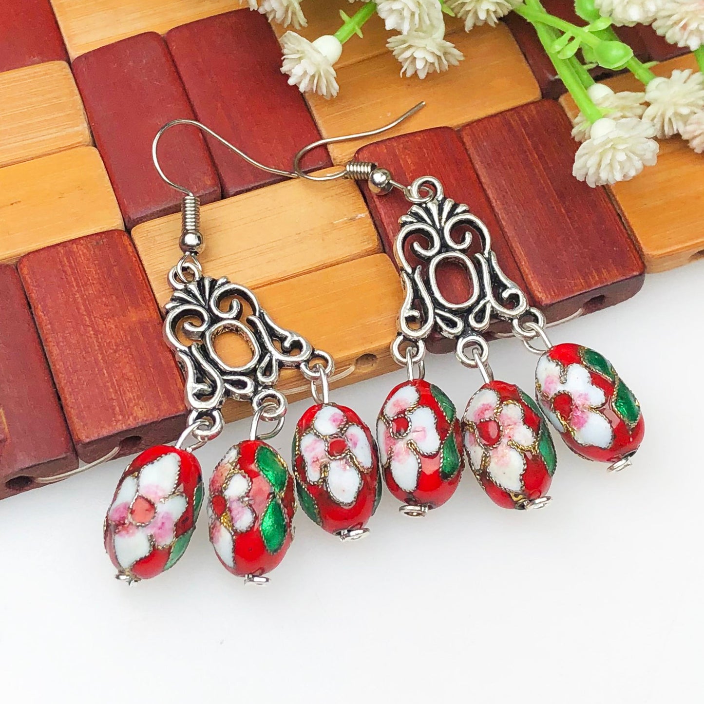 Unique Red and White and Green Decorative Tensha Beads Dangle Earrings for Women and Girls