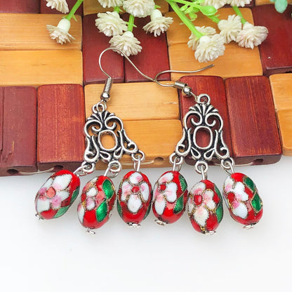 Unique Red and White and Green Decorative Tensha Beads Dangle Earrings for Women and Girls