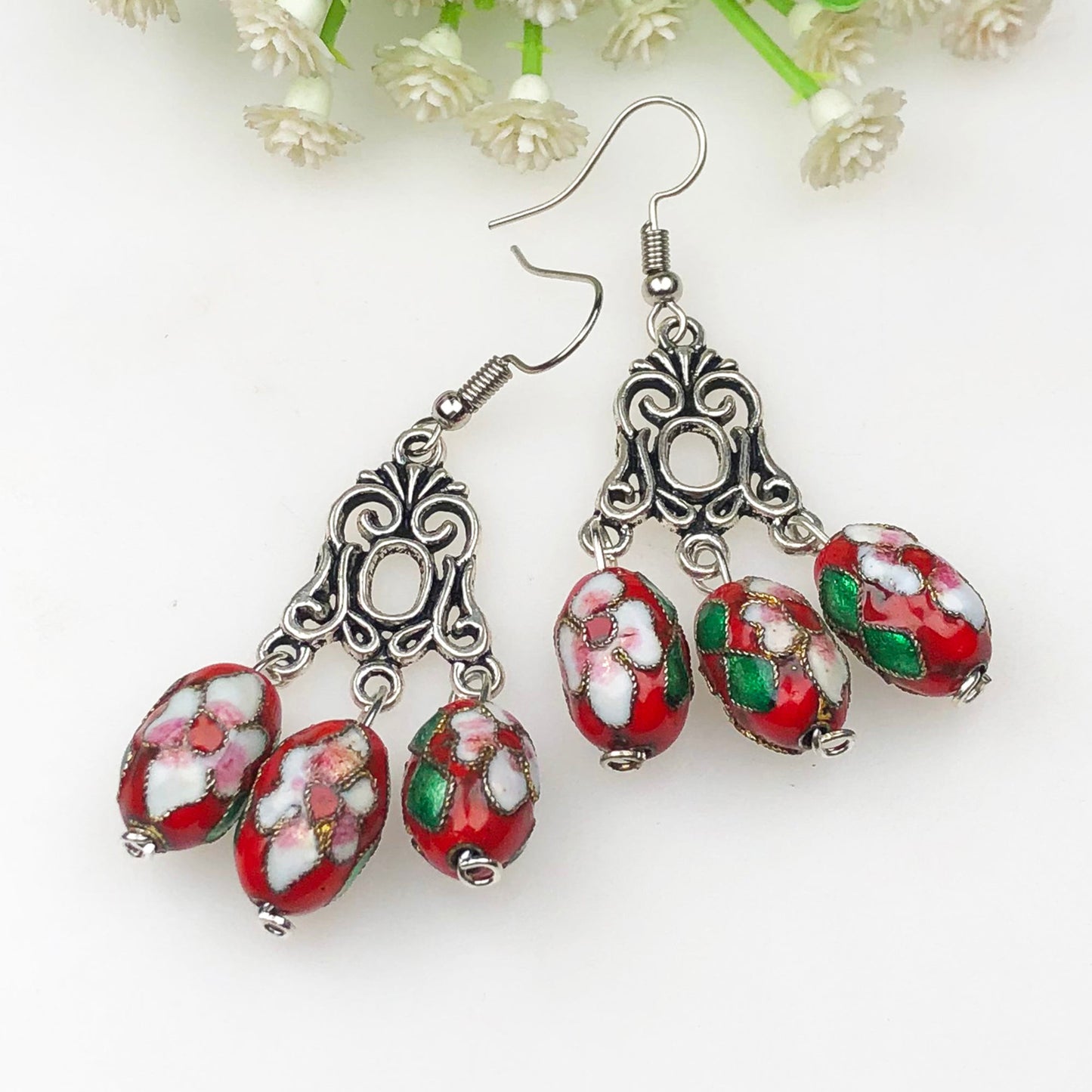 Unique Red and White and Green Decorative Tensha Beads Dangle Earrings for Women and Girls