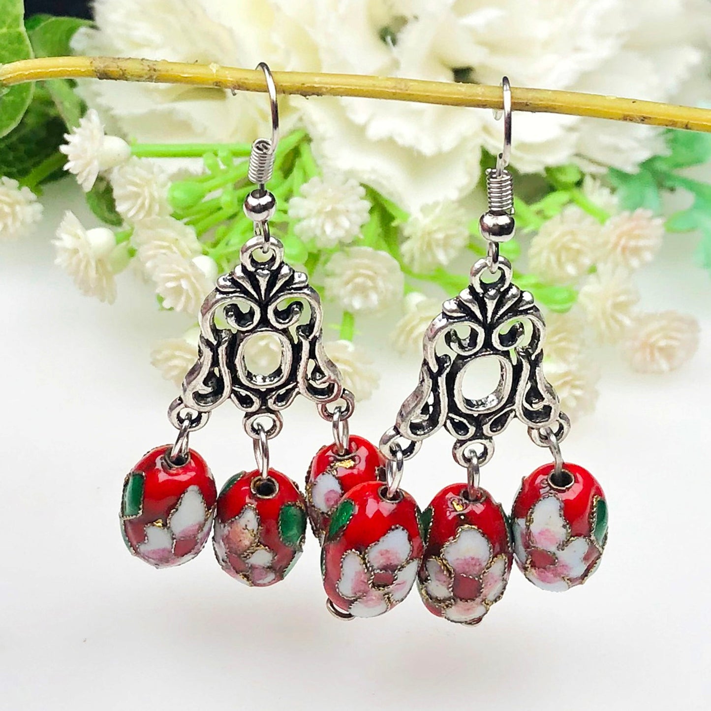 Unique Red and White and Green Decorative Tensha Beads Dangle Earrings for Women and Girls