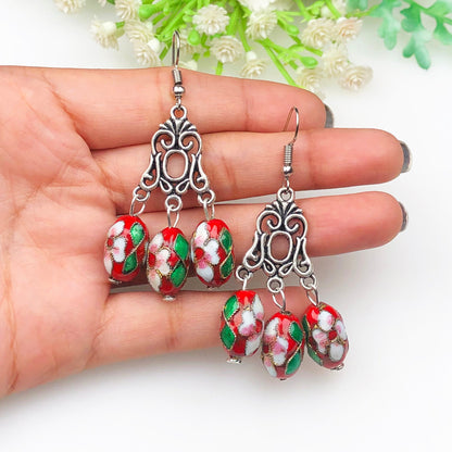 Unique Red and White and Green Decorative Tensha Beads Dangle Earrings for Women and Girls