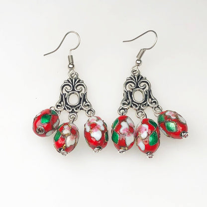 Unique Red and White and Green Decorative Tensha Beads Dangle Earrings for Women and Girls