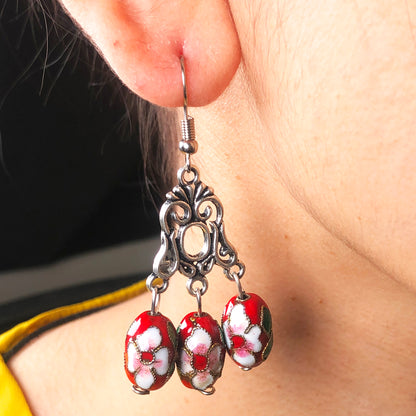 Unique Red and White and Green Decorative Tensha Beads Dangle Earrings for Women and Girls