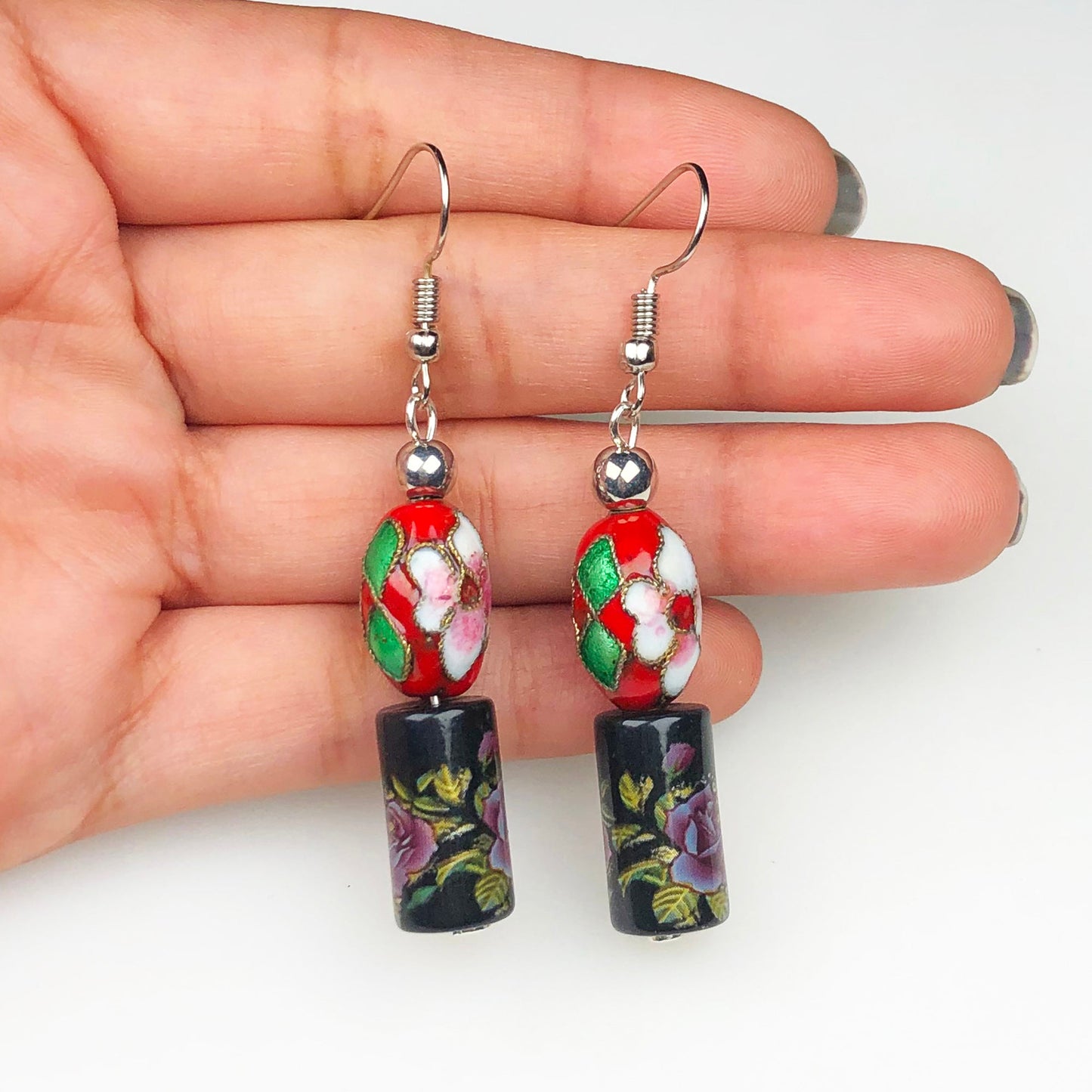 Beautiful Black and Pink Decorative Tensha Beads Dangle Earrings for Women and Girls