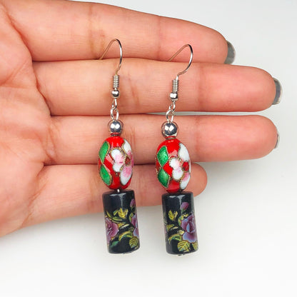 Beautiful Black and Pink Decorative Tensha Beads Dangle Earrings for Women and Girls