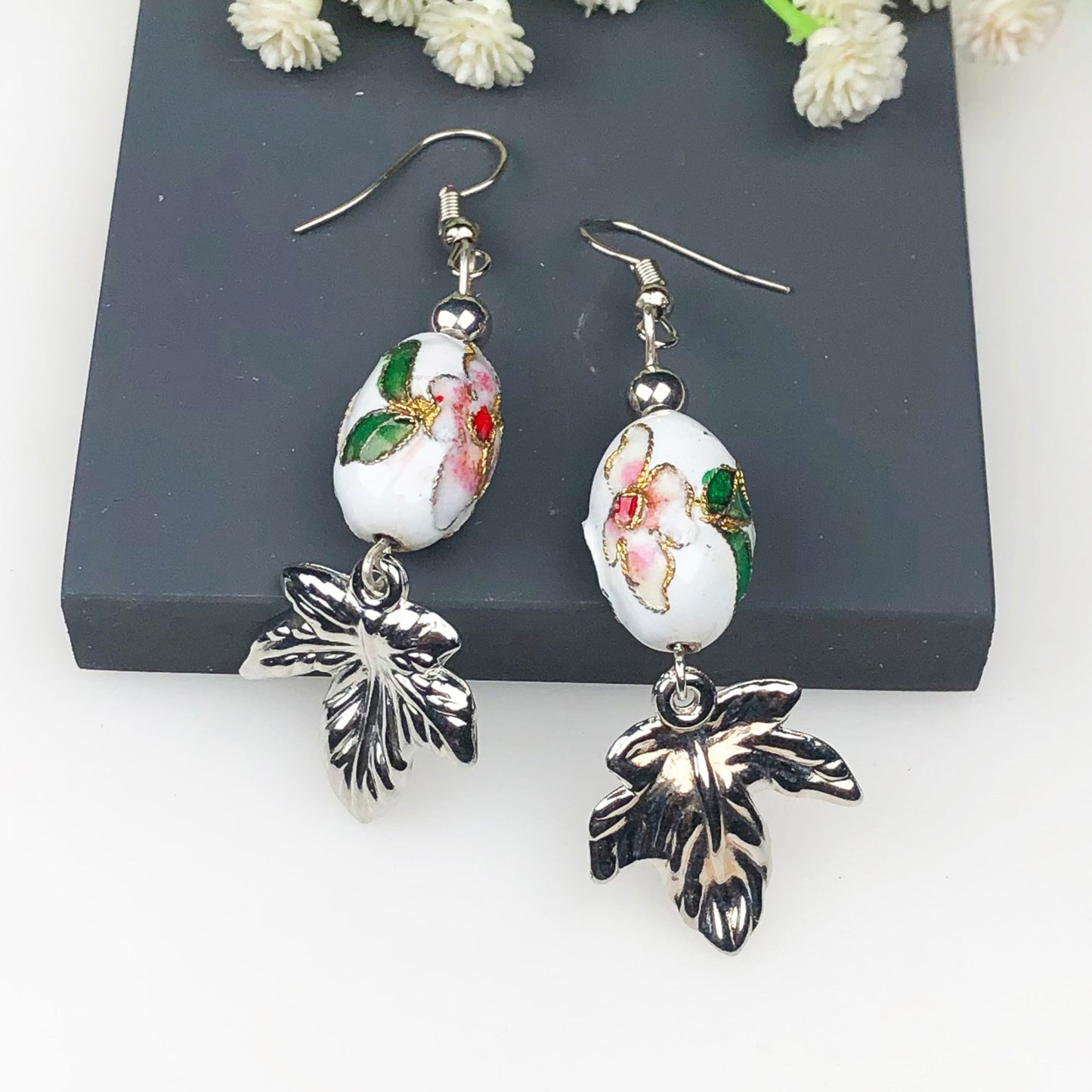 Beautiful White and Pink Decorative Tensha Beads Dangle Earrings for Women and Girls