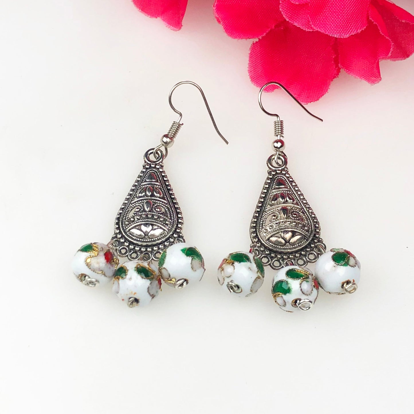 Beautiful White and Green Decorative Tensha Beads Dangle Earrings for Women and Girls
