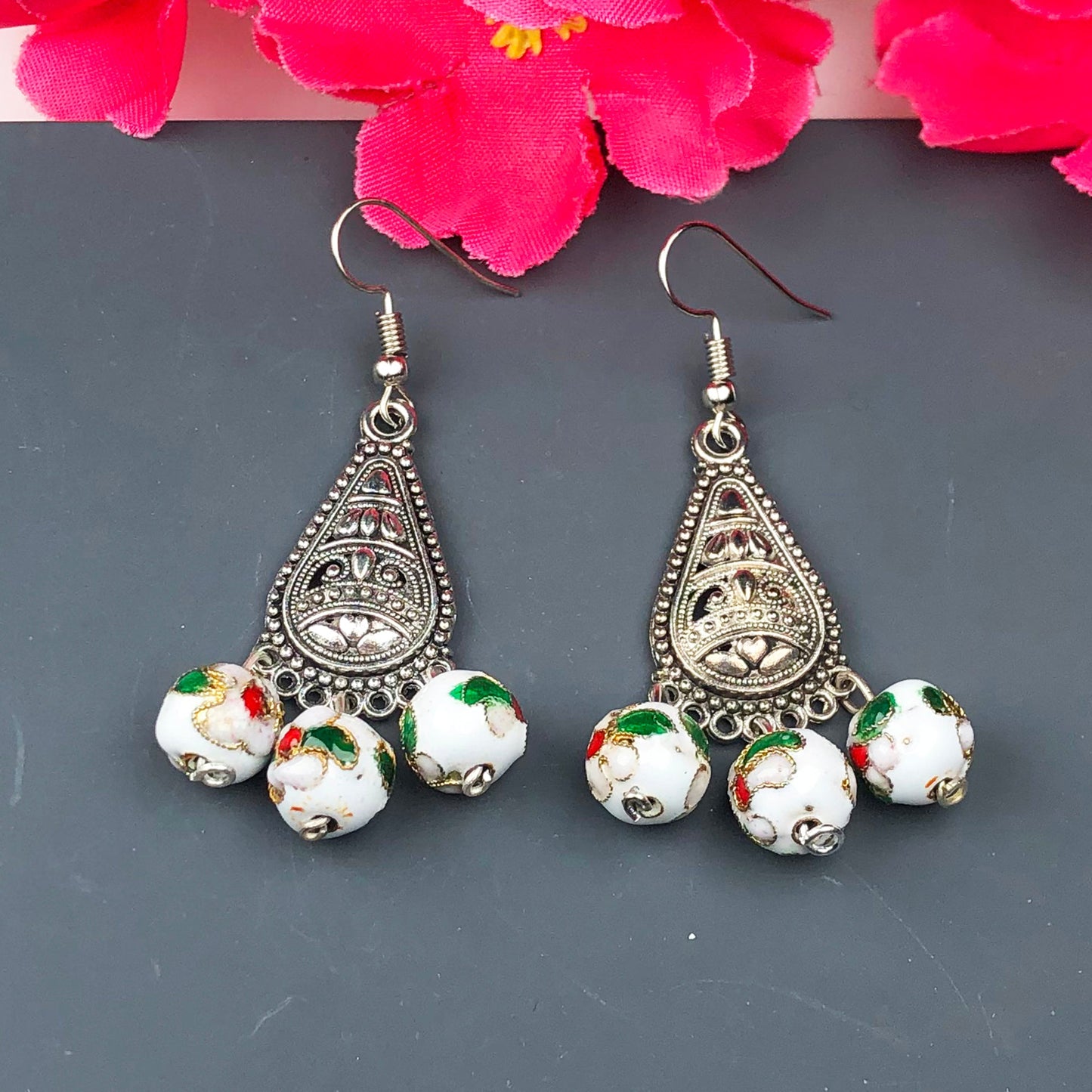 Beautiful White and Green Decorative Tensha Beads Dangle Earrings for Women and Girls
