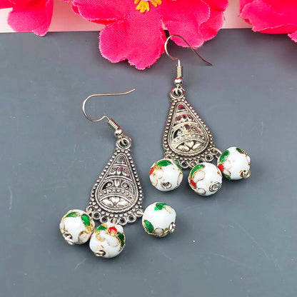 Beautiful White and Green Decorative Tensha Beads Dangle Earrings for Women and Girls