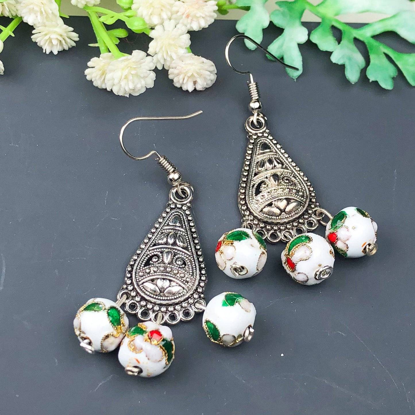 Beautiful White and Green Decorative Tensha Beads Dangle Earrings for Women and Girls