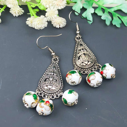 Beautiful White and Green Decorative Tensha Beads Dangle Earrings for Women and Girls