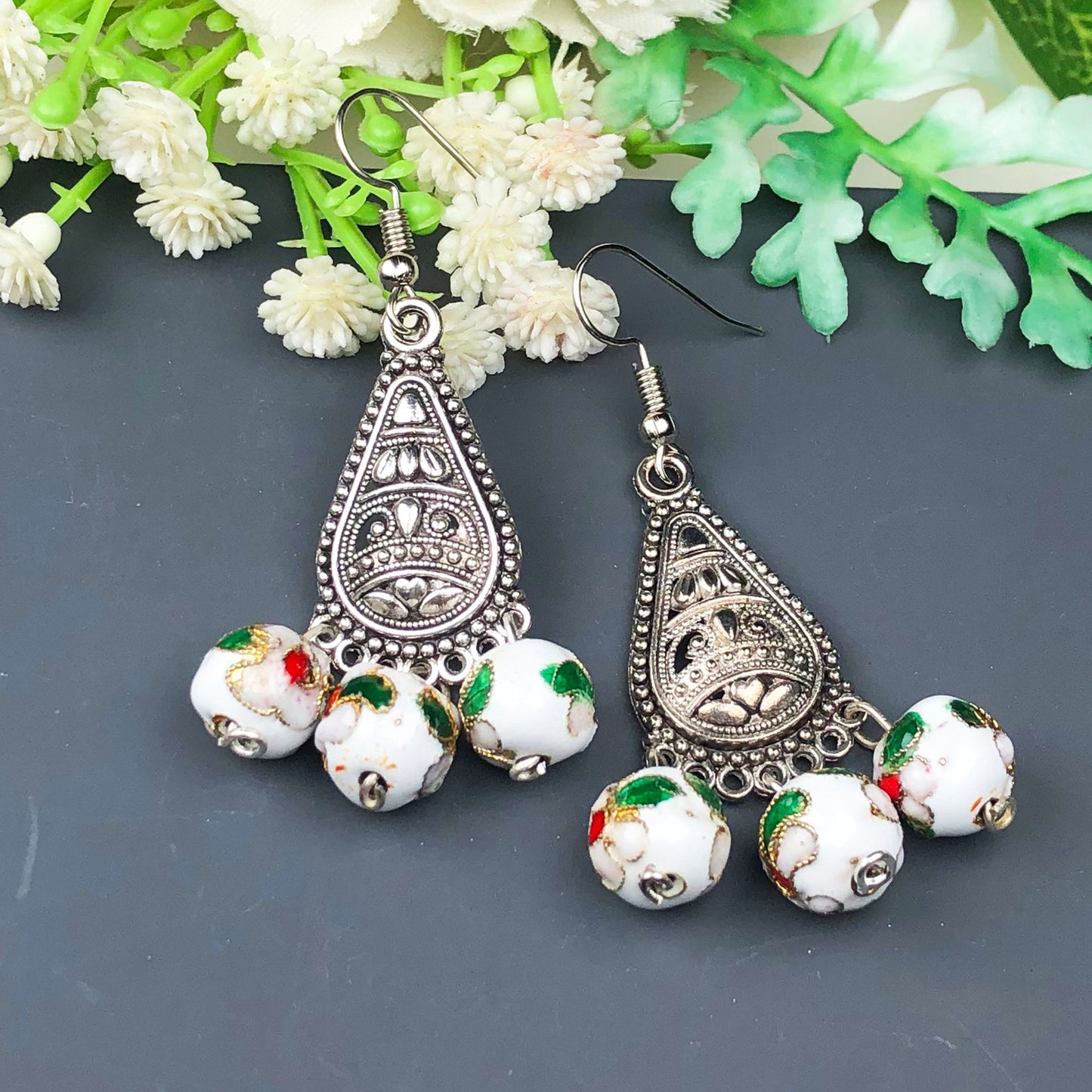Beautiful White and Green Decorative Tensha Beads Dangle Earrings for Women and Girls