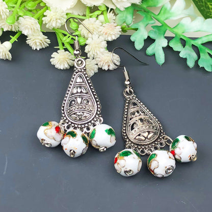 Beautiful White and Green Decorative Tensha Beads Dangle Earrings for Women and Girls