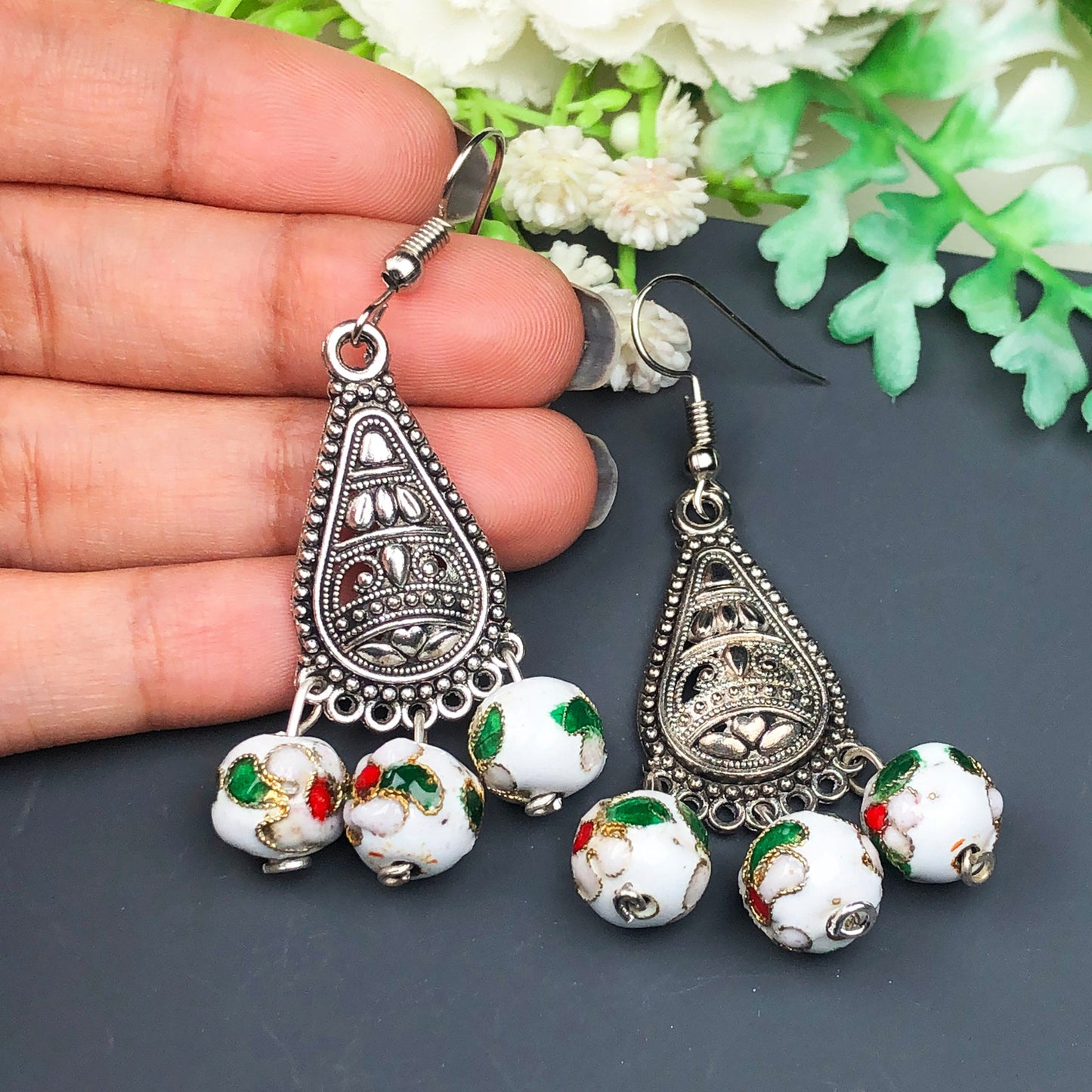 Beautiful White and Green Decorative Tensha Beads Dangle Earrings for Women and Girls